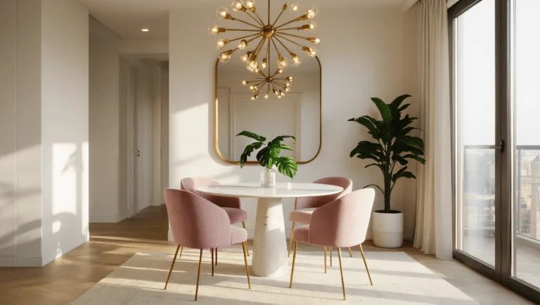 Photorealistic interior shot of a contemporary dining room featuring a round white marble bistro table surrounded by blush pink velvet chairs, illuminated by golden hour sunlight through floor-to-ceiling windows, with a brass chandelier and an antiqued mirror enhancing the space.