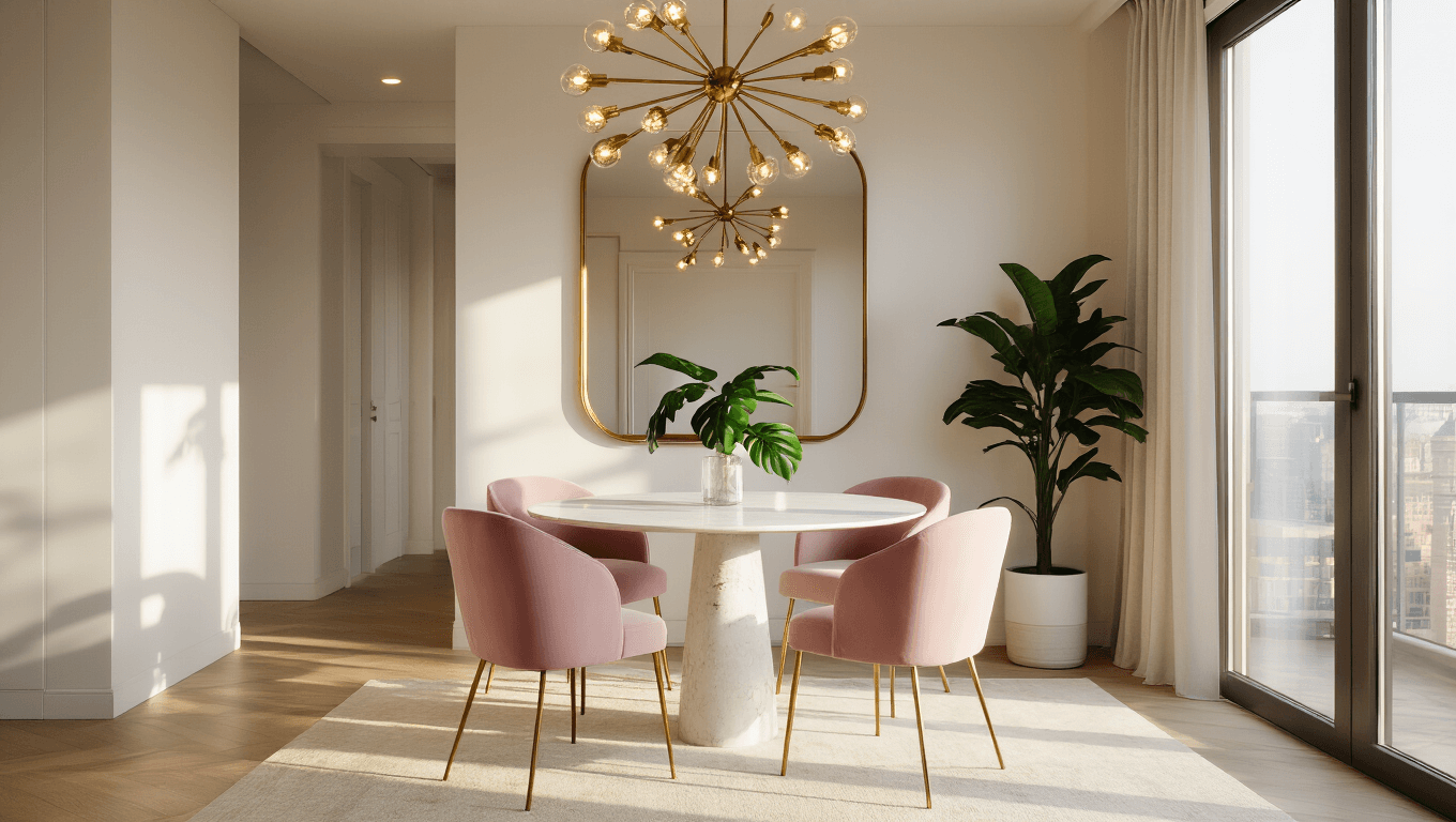 Photorealistic interior shot of a contemporary dining room featuring a round white marble bistro table surrounded by blush pink velvet chairs, illuminated by golden hour sunlight through floor-to-ceiling windows, with a brass chandelier and an antiqued mirror enhancing the space.