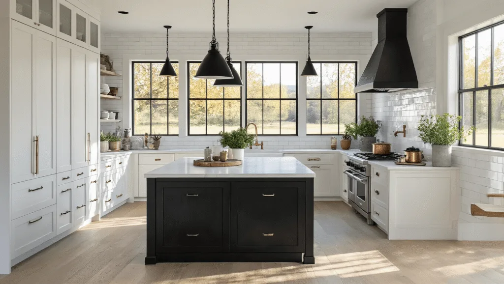 A sunlit farmhouse kitchen featuring white shaker cabinets, a black island with a marble countertop, industrial pendant lights, and vintage ceramics, captured in soft focus.