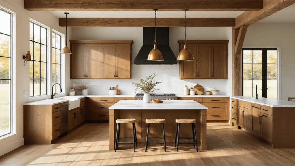 Photorealistic modern farmhouse kitchen with honey-brown Shaker cabinets, white quartz countertops, reclaimed wooden beams, vintage brass pendant lights, and wide-plank oak flooring, bathed in golden hour sunlight.