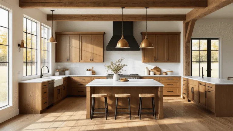 Photorealistic modern farmhouse kitchen with honey-brown Shaker cabinets, white quartz countertops, reclaimed wooden beams, vintage brass pendant lights, and wide-plank oak flooring, bathed in golden hour sunlight.