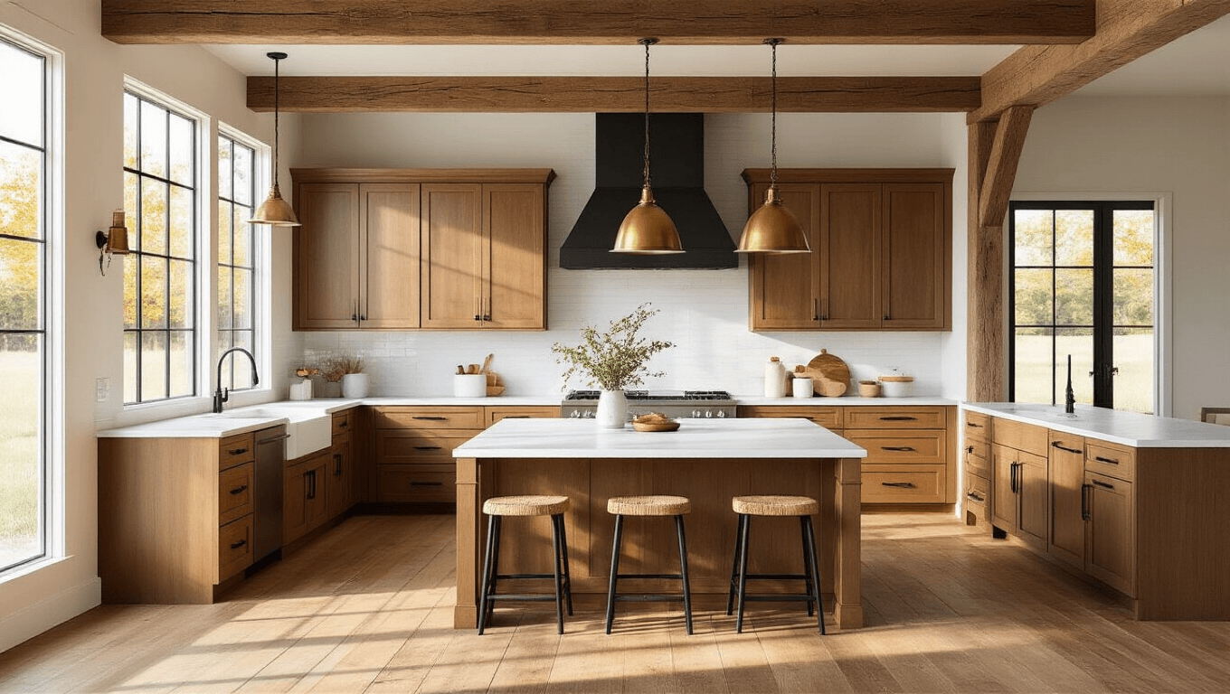 Photorealistic modern farmhouse kitchen with honey-brown Shaker cabinets, white quartz countertops, reclaimed wooden beams, vintage brass pendant lights, and wide-plank oak flooring, bathed in golden hour sunlight.