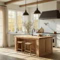 A sunlit modern farmhouse kitchen showcasing white oak cabinets, a butcher block island, and Carrara marble backsplash, adorned with vintage copper cookware and artisanal ceramics, captured in warm tones and dramatic shadows.