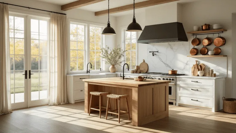 A sunlit modern farmhouse kitchen showcasing white oak cabinets, a butcher block island, and Carrara marble backsplash, adorned with vintage copper cookware and artisanal ceramics, captured in warm tones and dramatic shadows.