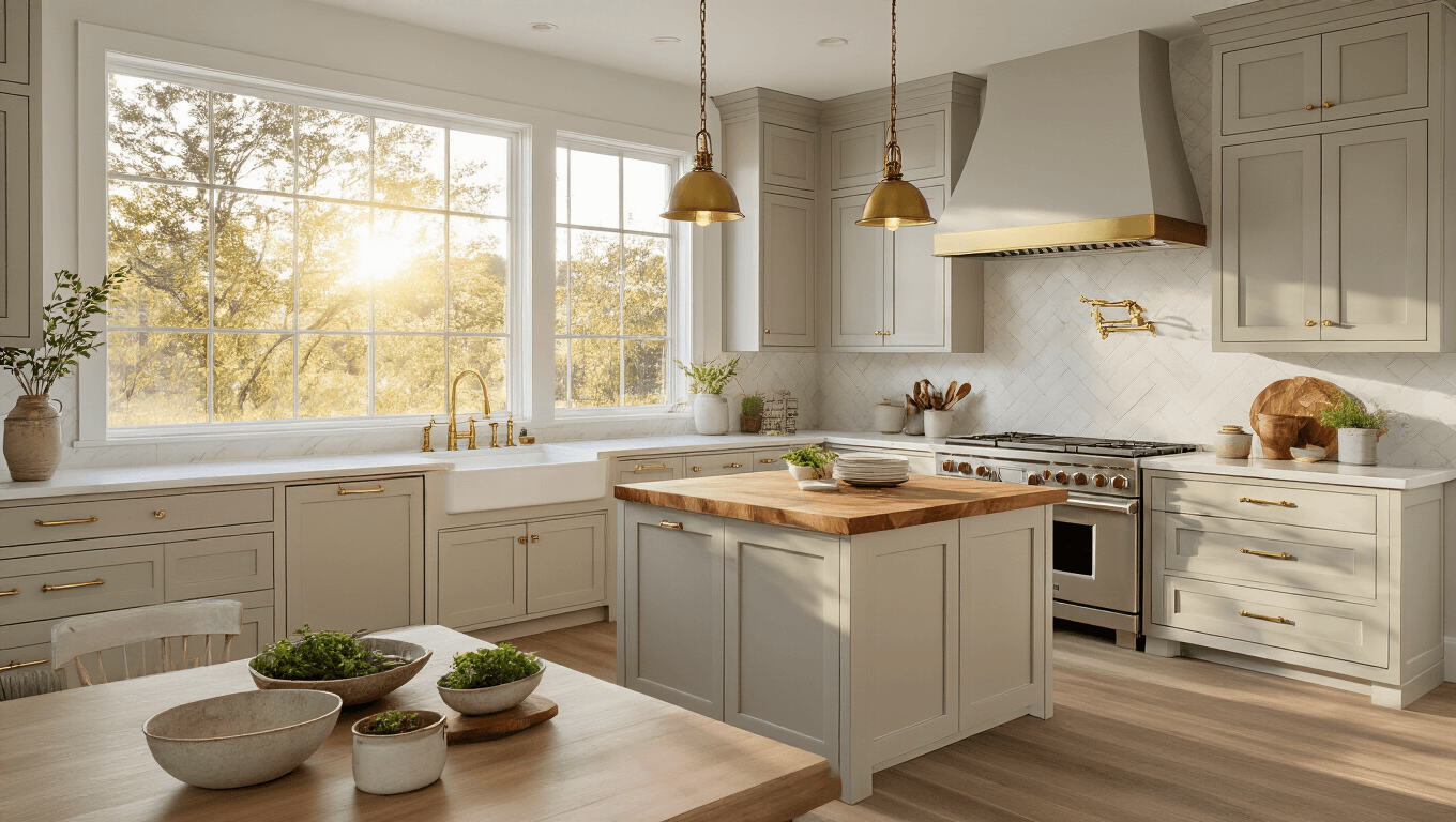 A modern farmhouse kitchen featuring warm greige cabinets with brass hardware, white quartz countertops, and a central butcher block island, illuminated by golden hour light streaming through east-facing windows, with vintage-inspired brass pendant lights and a herringbone marble backsplash.