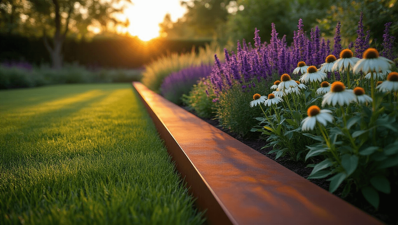 A cinematic wide-angle view of a modern garden border at golden hour, showcasing weathered Corten steel edging with a rust patina, vibrant purple salvias and white echinacea blooms, and an emerald lawn, all illuminated by warm sunset light with atmospheric haze.