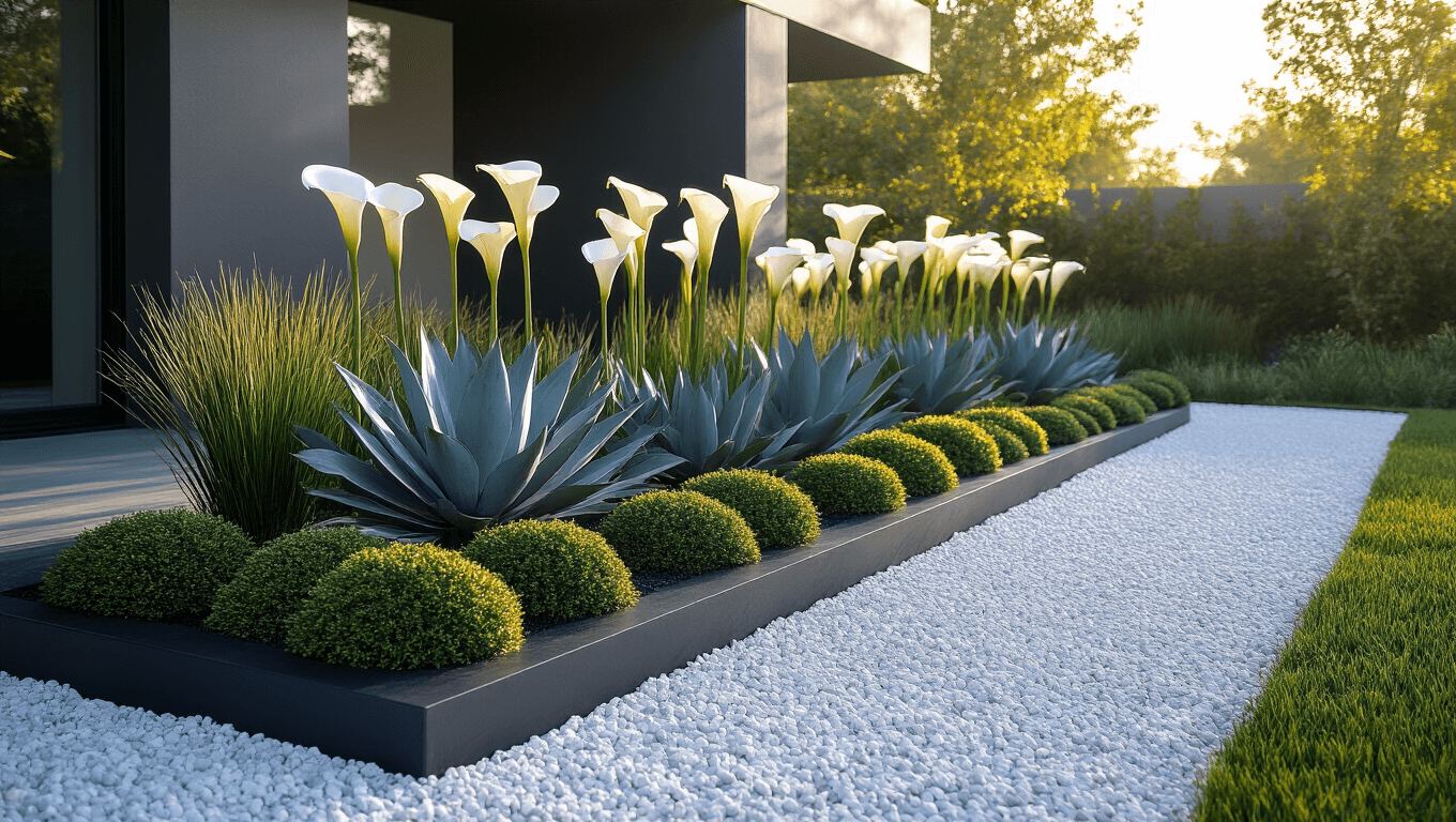 Photorealistic image of a contemporary flower bed at golden hour, featuring black mondo grass, white calla lilies, and blue-gray agave plants in weathered steel planters, set against a charcoal gray modern home exterior with dramatic shadows and soft bokeh background.