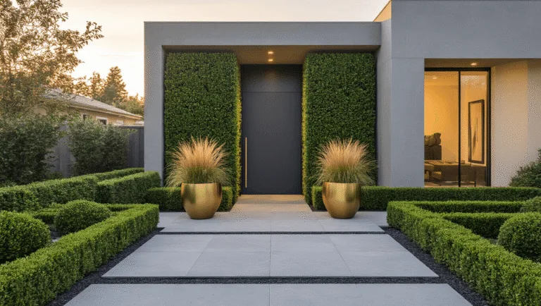 A photorealistic wide-angle view of a modern front yard at golden hour, showcasing geometric boxwood hedges, a charcoal gray front door, large-format concrete pavers, oversized brass planters with ornamental grasses, and a Japanese Maple, all bathed in warm evening sunlight with long shadows.