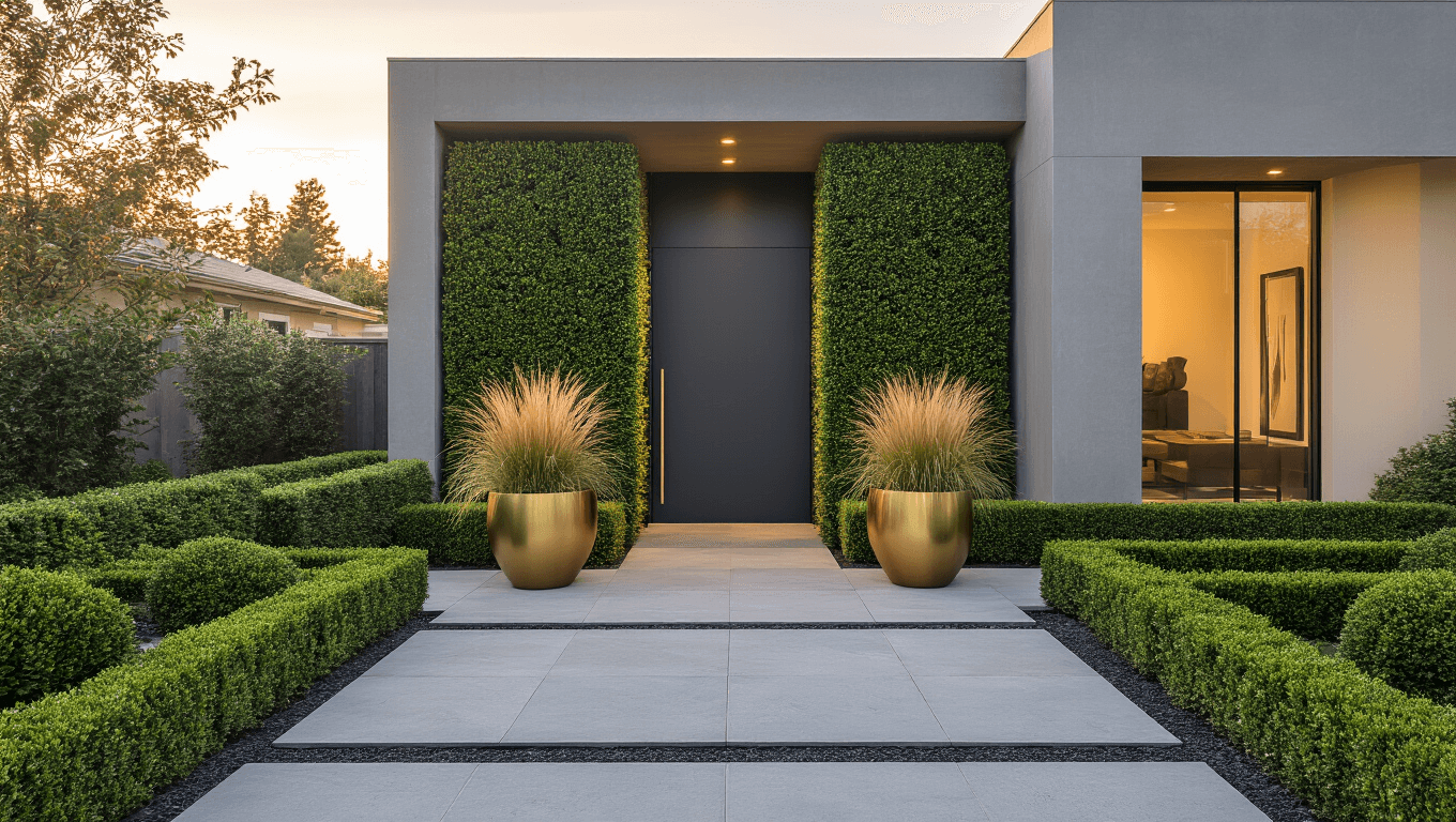 A photorealistic wide-angle view of a modern front yard at golden hour, showcasing geometric boxwood hedges, a charcoal gray front door, large-format concrete pavers, oversized brass planters with ornamental grasses, and a Japanese Maple, all bathed in warm evening sunlight with long shadows.
