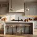 A luxurious modern kitchen with greige Shaker-style cabinets, quartz countertops, and a marble-topped island, bathed in warm sunset light, featuring oak herringbone flooring and minimalist decor.