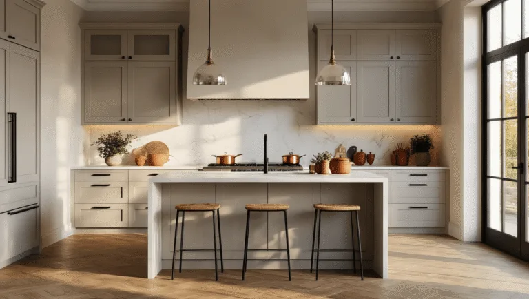 A luxurious modern kitchen with greige Shaker-style cabinets, quartz countertops, and a marble-topped island, bathed in warm sunset light, featuring oak herringbone flooring and minimalist decor.