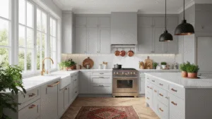 Light Grey Kitchen Cabinets: The Ultimate Style Guide for Modern Homes A modern light grey kitchen interior featuring shaker cabinets, quartz countertops, a marble hexagon backsplash, stainless steel appliances, and warm wooden flooring, illuminated by morning light through large windows.