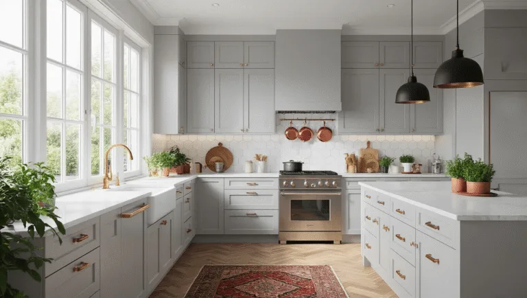 A modern light grey kitchen interior featuring shaker cabinets, quartz countertops, a marble hexagon backsplash, stainless steel appliances, and warm wooden flooring, illuminated by morning light through large windows.