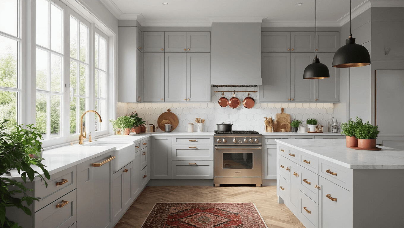 A modern light grey kitchen interior featuring shaker cabinets, quartz countertops, a marble hexagon backsplash, stainless steel appliances, and warm wooden flooring, illuminated by morning light through large windows.
