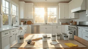How to Paint Kitchen Cabinets Like a Pro: A Complete DIY Guide Professional workspace showing a modern kitchen with white cabinets mid-transformation, organized painting supplies, and natural sunlight casting shadows.