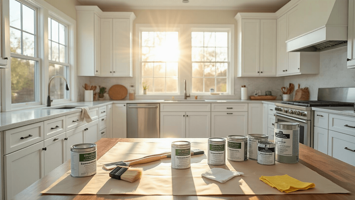 Professional workspace showing a modern kitchen with white cabinets mid-transformation, organized painting supplies, and natural sunlight casting shadows.
