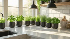 Growing Your Own Culinary Magic: The Ultimate Guide to Kitchen Herb Gardens A modern minimalist kitchen featuring a west-facing window garden filled with vibrant herbs in matte black ceramic planters, illuminated by warm golden hour light, with natural wood accents and industrial pendant lights.