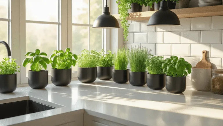 A modern minimalist kitchen featuring a west-facing window garden filled with vibrant herbs in matte black ceramic planters, illuminated by warm golden hour light, with natural wood accents and industrial pendant lights.