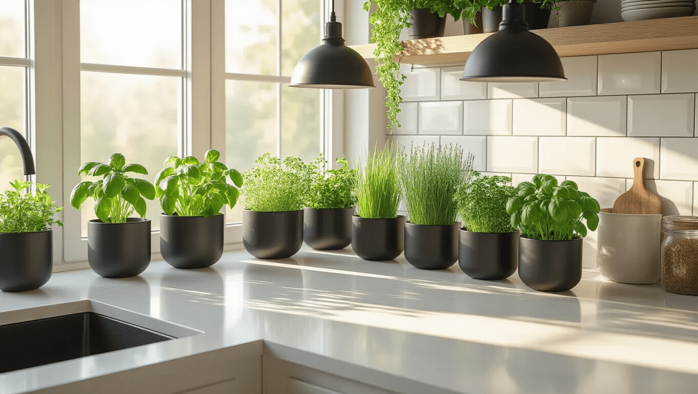 A modern minimalist kitchen featuring a west-facing window garden filled with vibrant herbs in matte black ceramic planters, illuminated by warm golden hour light, with natural wood accents and industrial pendant lights.