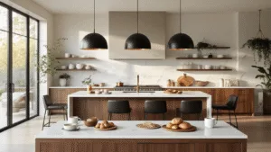 Transform Your Kitchen: The Ultimate Guide to Creating the Perfect Breakfast Bar Cinematic wide-angle view of a contemporary kitchen featuring a T-shaped island with a white quartz countertop and walnut breakfast bar, illuminated by natural light during golden hour, with oversized black pendant lights, leather barstools, and stylish decor.
