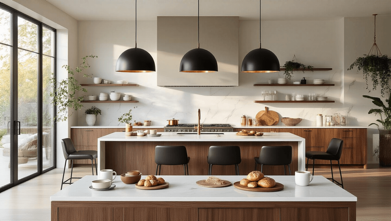 Cinematic wide-angle view of a contemporary kitchen featuring a T-shaped island with a white quartz countertop and walnut breakfast bar, illuminated by natural light during golden hour, with oversized black pendant lights, leather barstools, and stylish decor.