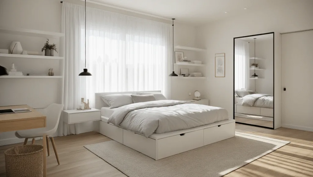 Hyperrealistic photograph of a sunlit modern bedroom featuring a queen-size platform bed with built-in drawers, minimalist decor on floating shelves, and a fold-down desk, all in a monochromatic warm color scheme with black accents.