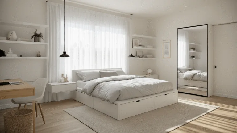 Hyperrealistic photograph of a sunlit modern bedroom featuring a queen-size platform bed with built-in drawers, minimalist decor on floating shelves, and a fold-down desk, all in a monochromatic warm color scheme with black accents.
