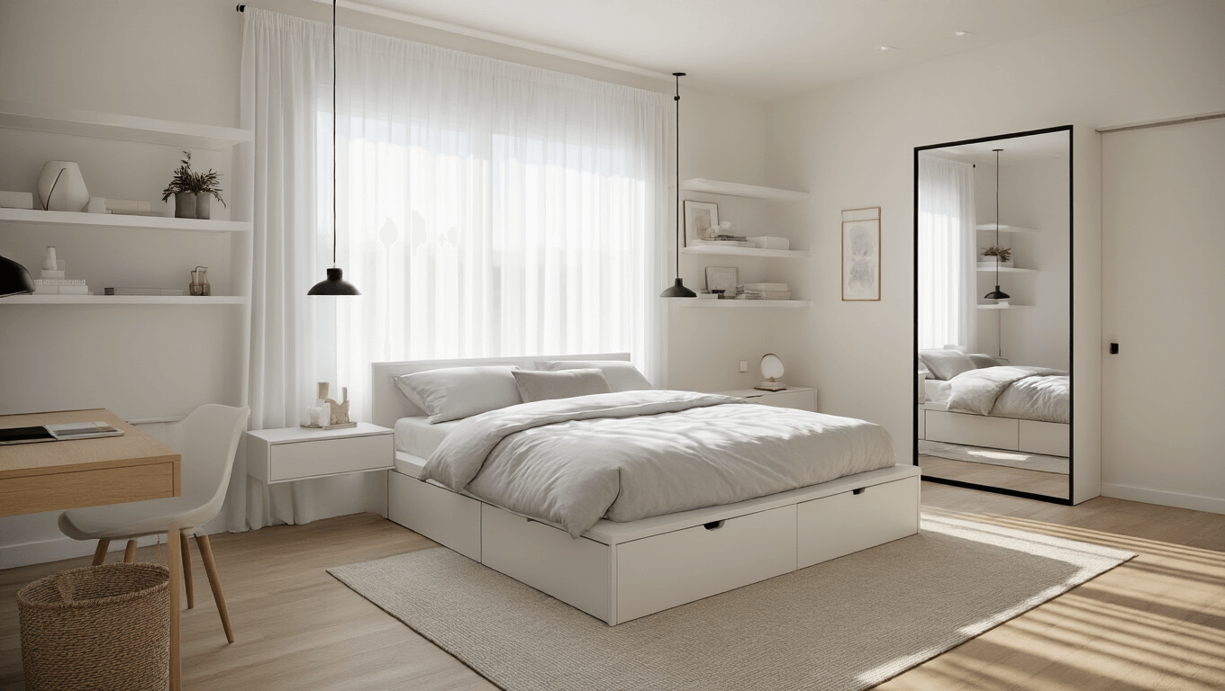 Hyperrealistic photograph of a sunlit modern bedroom featuring a queen-size platform bed with built-in drawers, minimalist decor on floating shelves, and a fold-down desk, all in a monochromatic warm color scheme with black accents.