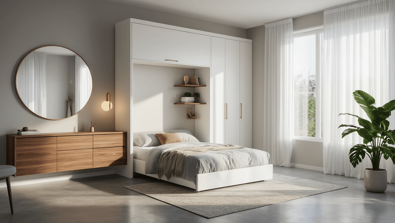 Photorealistic interior of a modern minimalist bedroom featuring a white Murphy bed system, integrated desk, polished concrete floors, and large windows with sheer curtains, accented by walnut shelves, a round mirror, and a monstera plant, all illuminated by warm morning light.