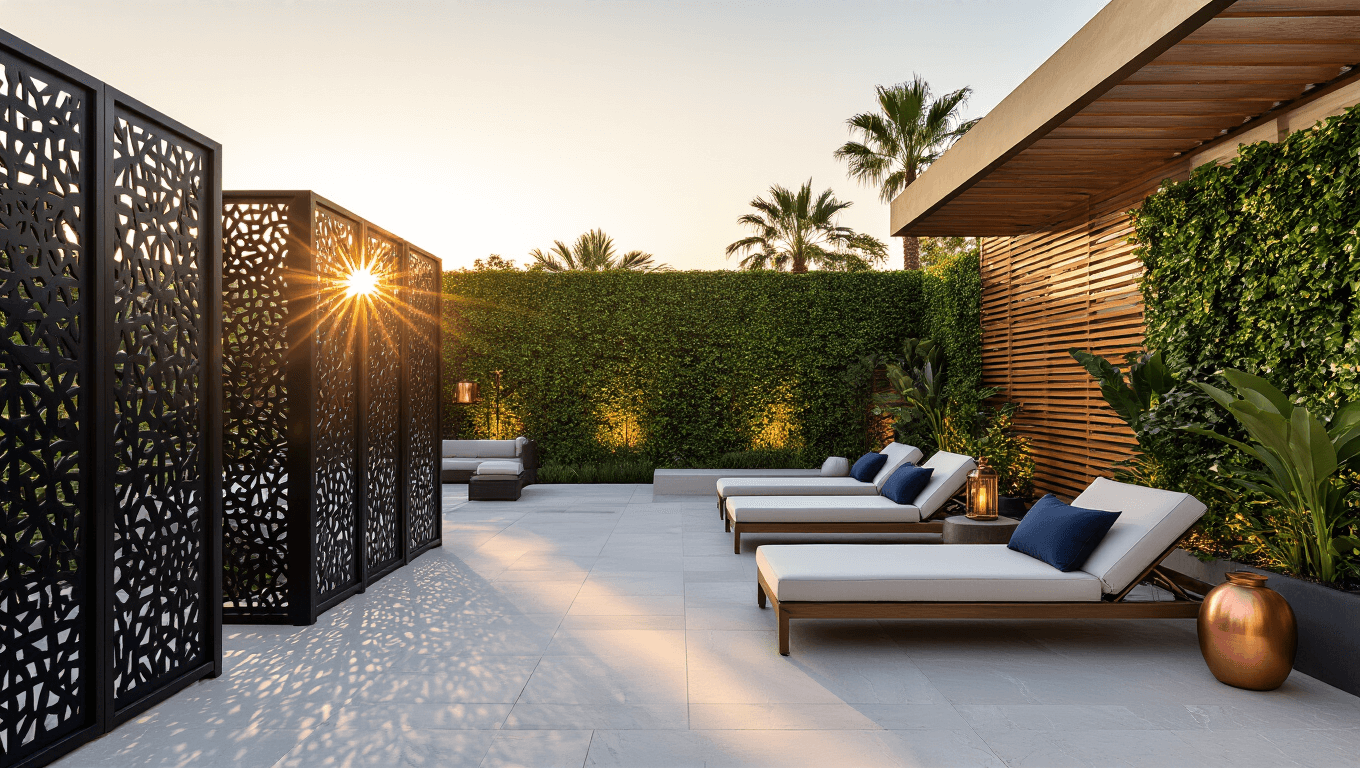 Cinematic outdoor living space at golden hour with black laser-cut privacy screens, lush ivy, cedar slats, white loungers, and copper lanterns, featuring dramatic light play and intimate atmosphere.