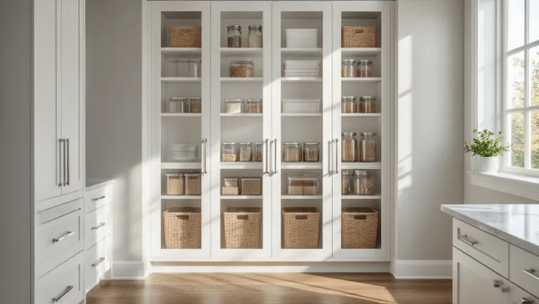 Photorealistic image of a luxurious white Shaker-style kitchen pantry with glass-front doors, showcasing organized clear storage containers and labeled mason jars, illuminated by natural light with a marble countertop and hardwood flooring.