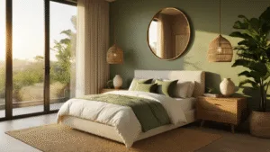 Bedroom Color Trends 2025: Transform Your Sleep Sanctuary A luxurious contemporary bedroom bathed in golden hour light, featuring a king-size platform bed with ivory bedding and sage green pillows, warm taupe walls, a botanical green accent wall with a fiddle leaf fig, teak nightstands, vintage brass mirror, rattan pendant light, and a peacock teal accent chair on a natural jute rug.