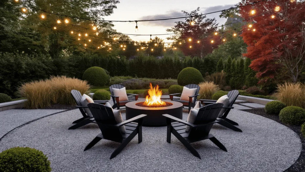 Create a Stunning Gravel Fire Pit: Your Ultimate Backyard Transformation Guide A luxurious backyard fire pit area at twilight, featuring a modern black steel fire pit surrounded by matte black Adirondack chairs, with warm brass LED string lights overhead and layered landscaping of architectural grasses and Japanese maples.