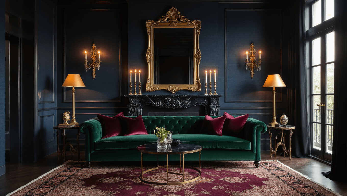 Cinematic moody interior featuring deep navy grasscloth walls, an emerald velvet sofa with burgundy silk pillows, dramatic antique brass lamps, and layered Persian rugs, illuminated by warm ambient lighting and golden hour sunbeams filtering through sheer black curtains.