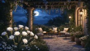 Night-Blooming Flowers: A Magical Garden Experience After Dark Photorealistic night scene of a Mediterranean garden terrace with a blooming Queen of the Night cactus and surrounding moonflowers, featuring wrought iron furniture, ambient lantern light, and stone pathways lined with terracotta pots, all under soft moonlight and dramatic shadows.