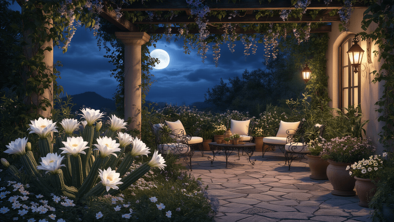 Photorealistic night scene of a Mediterranean garden terrace with a blooming Queen of the Night cactus and surrounding moonflowers, featuring wrought iron furniture, ambient lantern light, and stone pathways lined with terracotta pots, all under soft moonlight and dramatic shadows.