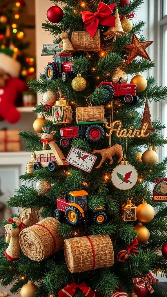 50 Creative Christmas Tree Decor Ideas to Elevate Your Holiday Spirit A Christmas tree decorated with red tractors, hay bales, and rustic ornaments, showcasing a Farm Fresh theme.