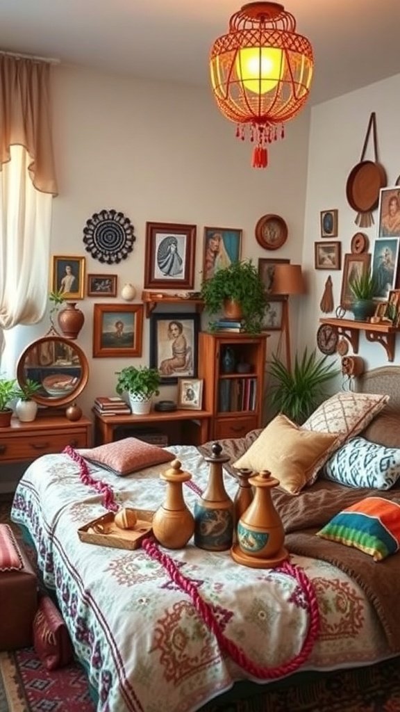 50 Boho Bedroom Decor Ideas to Transform Your Space A cozy Boho bedroom featuring a bed with colorful pillows, a patterned blanket, and a wall adorned with framed photos and plants.