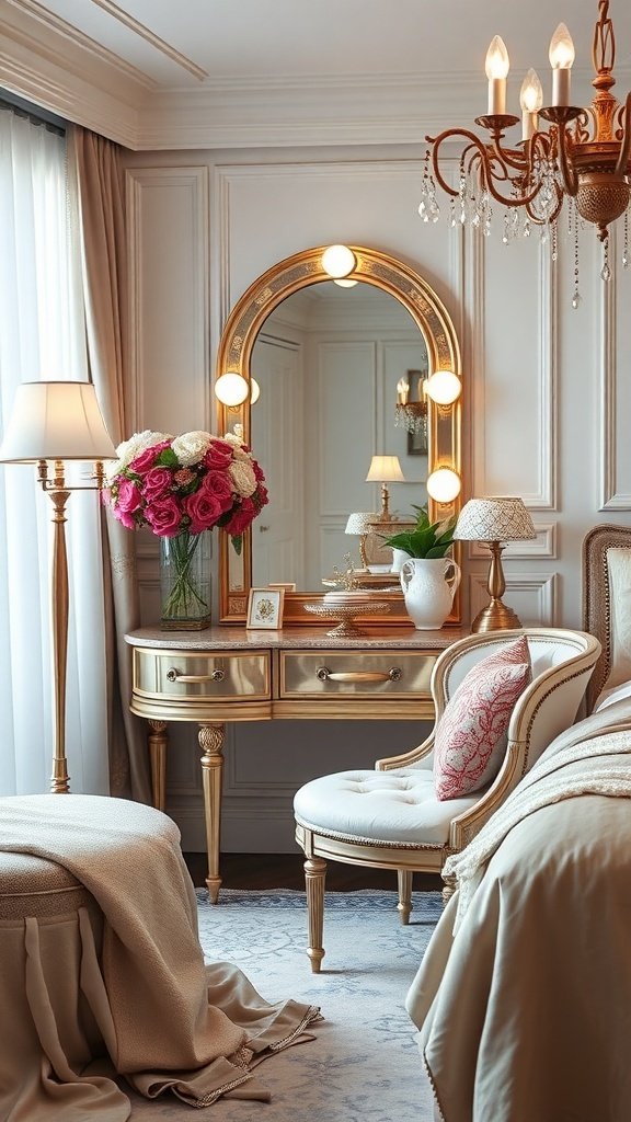 A chic glamour vanity in a stylish bedroom featuring a golden vanity table, elegant mirror, and soft lighting.