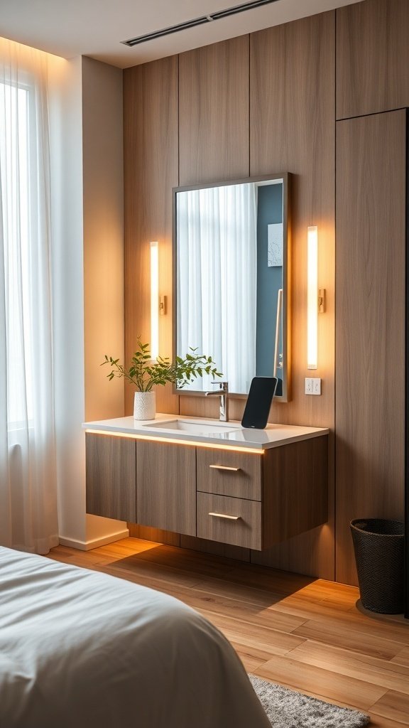 A modern bedroom vanity with a sleek mirror, warm wood cabinetry, and soft lighting.