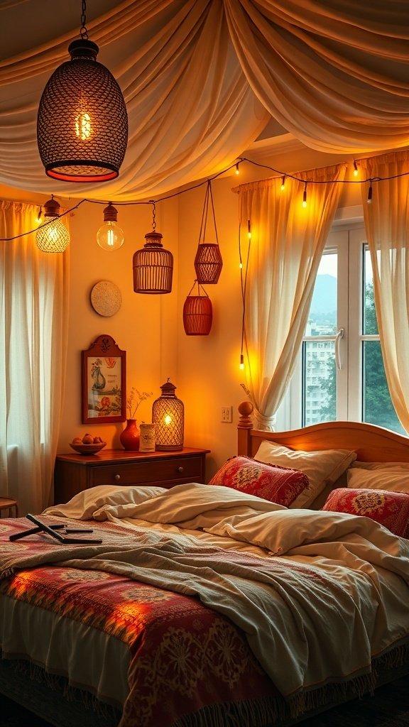 50 Boho Bedroom Decor Ideas to Transform Your Space A cozy Boho bedroom with soft lighting from various sources, including hanging lanterns and string lights.