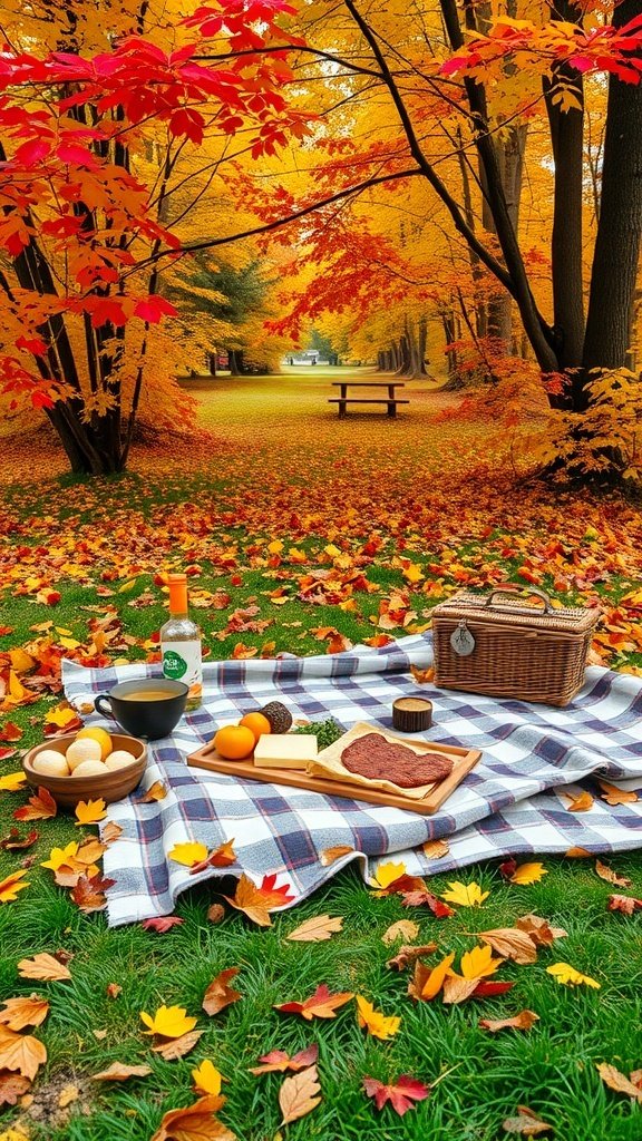 A picnic setup on a blanket with food items, surrounded by colorful autumn leaves.
