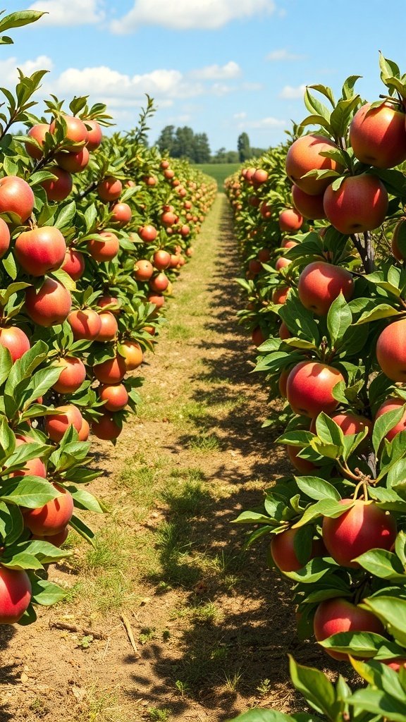A sunny apple orchard with rows of apple trees heavy with red apples under a blue sky.