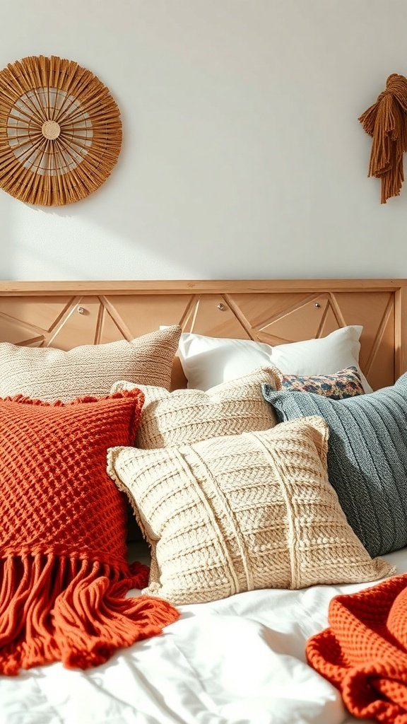 50 Boho Bedroom Decor Ideas to Transform Your Space A collection of textured throw pillows in a Boho bedroom setting, featuring vibrant colors and unique patterns.