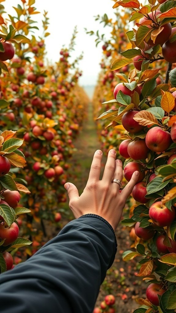 A hand reaching for ripe apples in an orchard during fall.