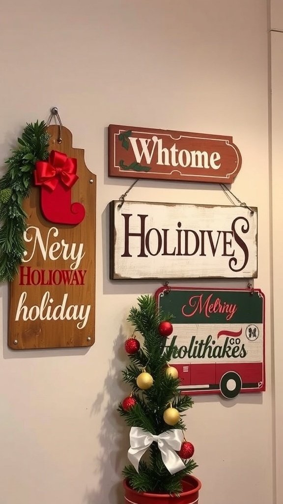 50 Charming Vintage Christmas Decor Ideas to Transform Your Home A collection of retro holiday greeting signs with festive designs and colors, accompanied by a small decorative tree.