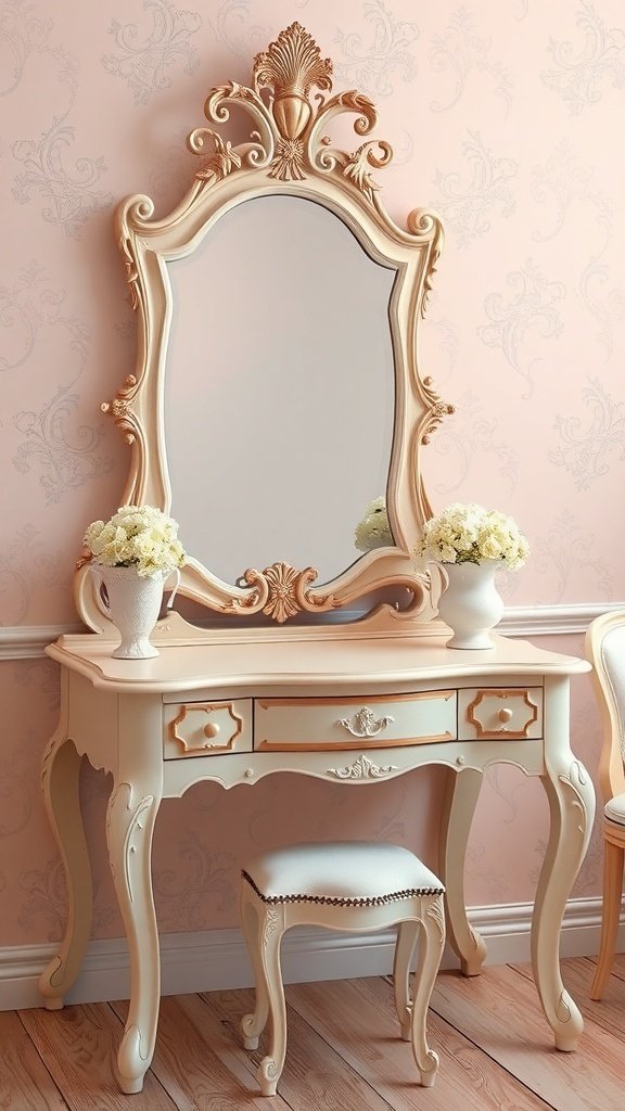 A vintage dressing table with a large ornate mirror, flowers, and a stylish stool.