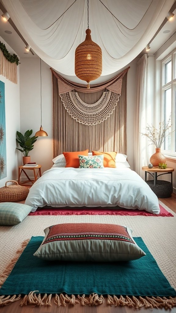 50 Boho Bedroom Decor Ideas to Transform Your Space A cozy Boho bedroom with a bed, decorative pillows, layered rugs, plants, and soft lighting.