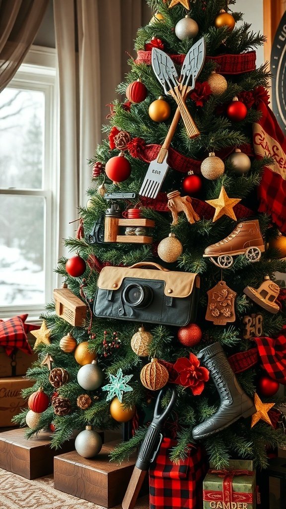50 Creative Christmas Tree Decor Ideas to Elevate Your Holiday Spirit A Christmas tree decorated with outdoor adventure-themed ornaments, including camping gear and nature-inspired decorations.