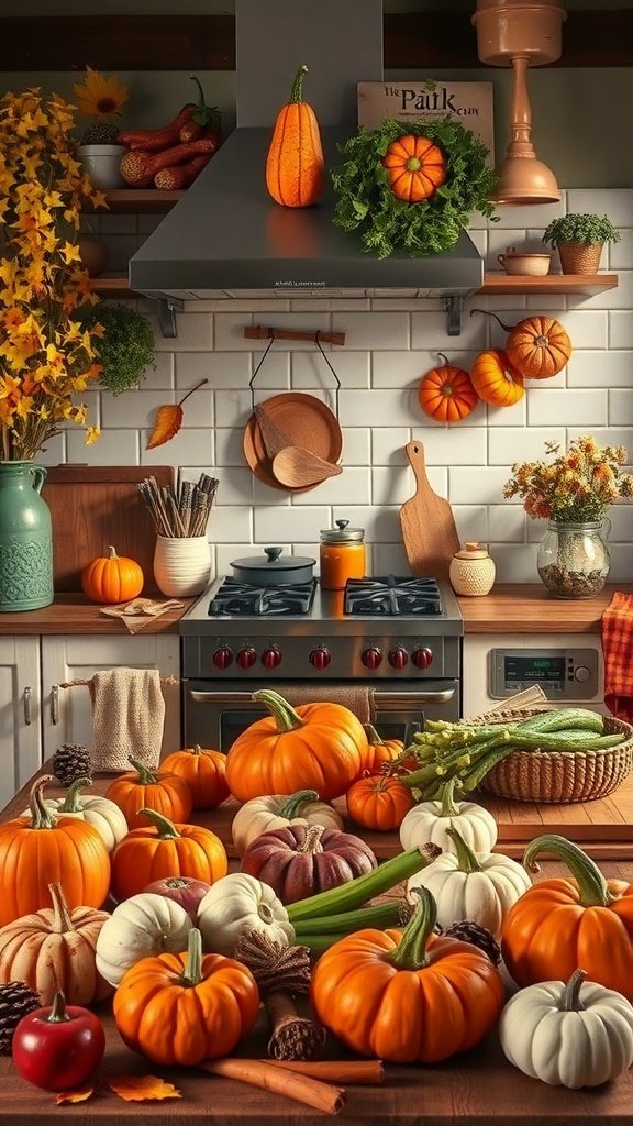 A cozy kitchen filled with various pumpkins and fresh produce, showcasing the essence of harvest time.